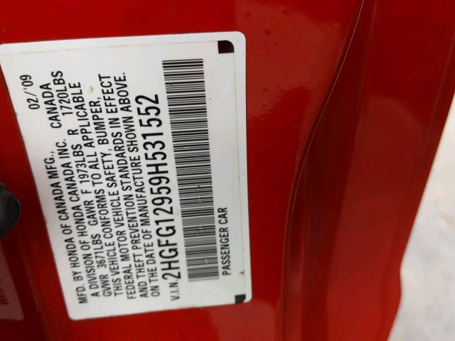 2HGFG12959H531552 - 2009 HONDA CIVIC EXL Qırmızı foto 10
