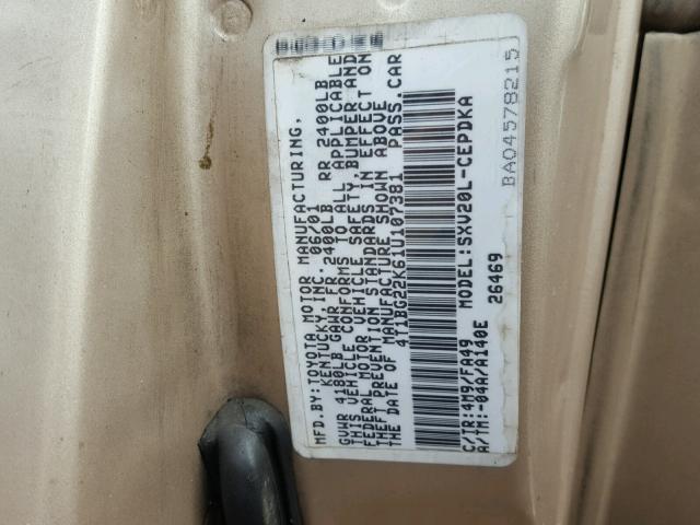 4T1BG22K61U107381 - 2001 TOYOTA CAMRY CE BEIGE photo 10