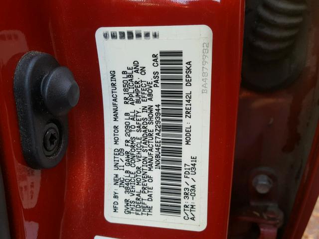 1NXBU4EE7AZ293944 - 2010 TOYOTA COROLLA BA RED photo 10