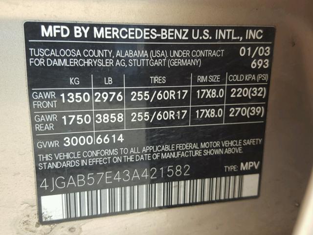 4JGAB57E43A421582 - 2003 MERCEDES-BENZ ML 350 GOLD photo 10