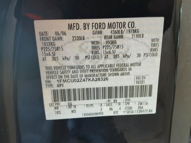 1FMCU02Z47KA28326 - 2007 FORD ESCAPE BLACK photo 10