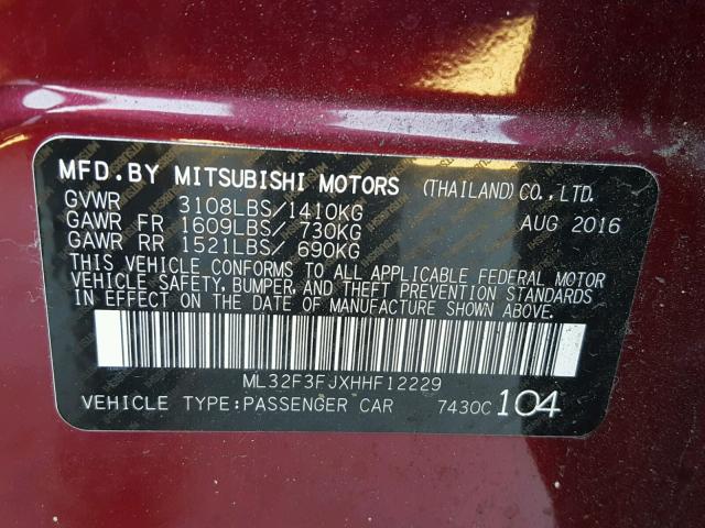 ML32F3FJXHHF12229 - 2017 MITSUBISHI MIRAGE BURGUNDY photo 10