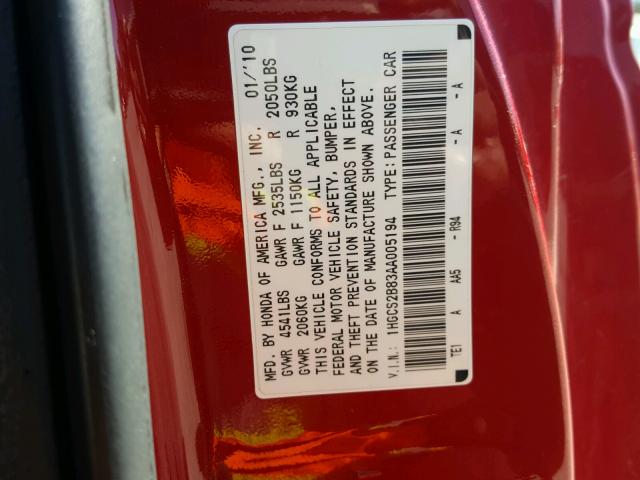 1HGCS2B83AA005194 - 2010 HONDA ACCORD RED photo 10