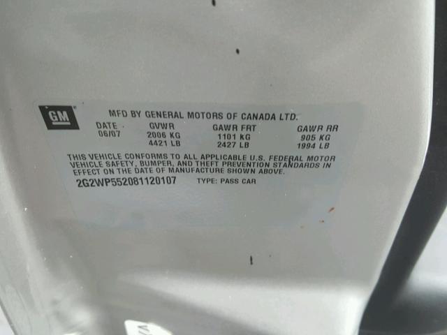 2G2WP552081120107 - 2008 PONTIAC GRAND PRIX SILVER photo 10