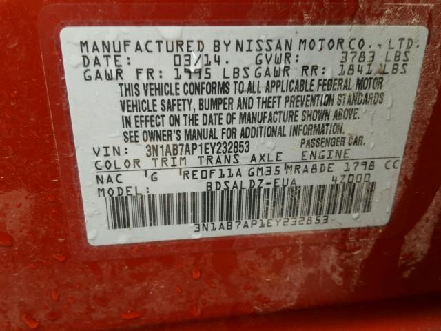 3N1AB7AP1EY232853 - 2014 NISSAN SENTRA S MAROON photo 10