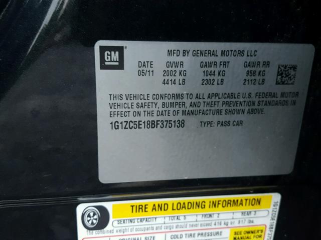 1G1ZC5E18BF375138 - 2011 CHEVROLET MALIBU 1LT 黑色 照片 10