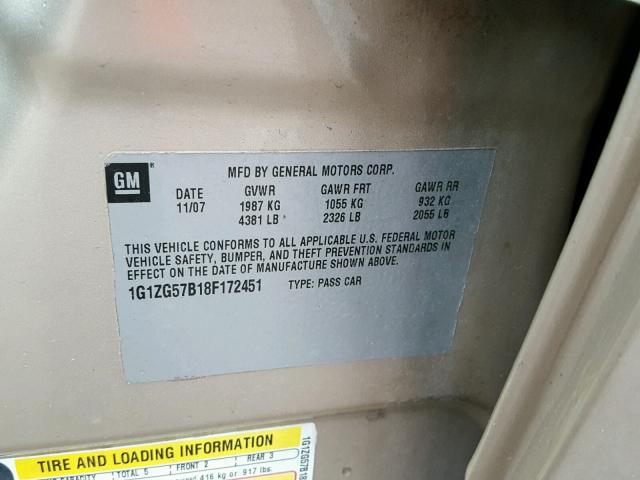 1G1ZG57B18F172451 - 2008 CHEVROLET MALIBU LS 棕色 照片 10