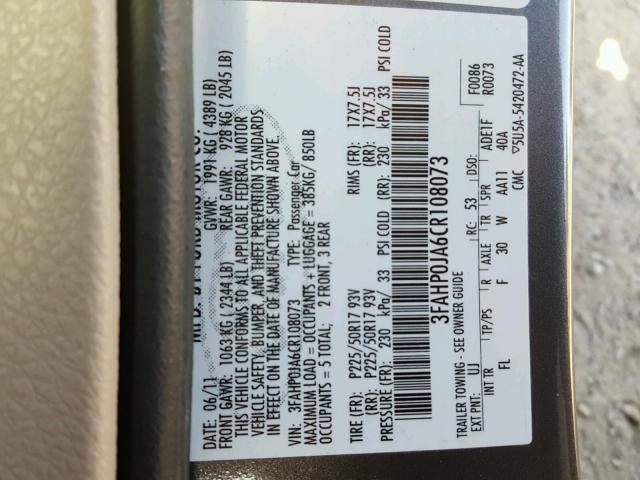 3FAHP0JA6CR108073 - 2012 FORD FUSION GRAY photo 10