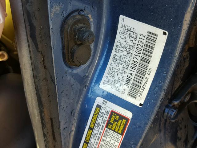 JHMFA16867S002312 - 2007 HONDA CIVIC EX BLUE photo 10