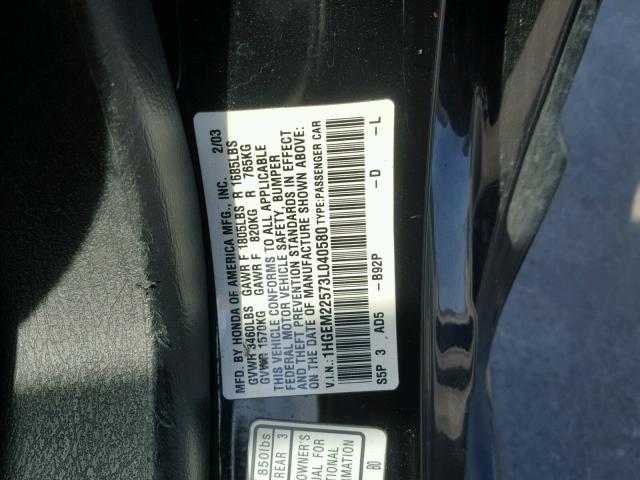 1HGEM22573L040580 - 2003 HONDA CIVIC LX BLACK photo 10