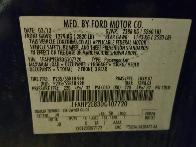 1FAHP2E83DG107720 - 2013 FORD TAURUS SEL BLUE photo 10