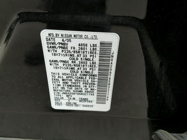 JN8AZ08T95W321746 - 2005 NISSAN MURANO BLACK photo 10