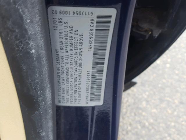 WVWRH63B32P290437 - 2002 VOLKSWAGEN PASSAT GLX BLUE photo 10