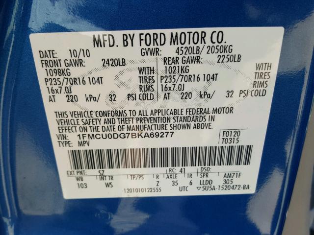 1FMCU0DG7BKA69277 - 2011 FORD ESCAPE XLT BLUE photo 10