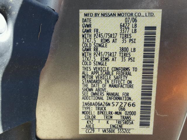 1N6BA06A26N572766 - 2006 NISSAN TITAN CHARCOAL photo 10