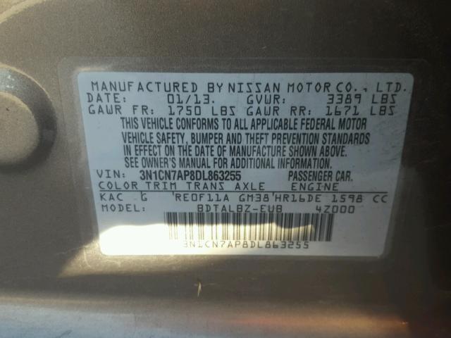 3N1CN7AP8DL863255 - 2013 NISSAN VERSA S GRAY photo 10