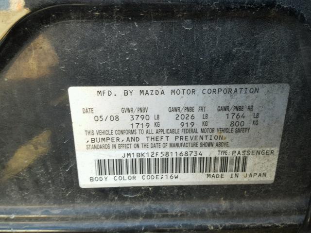 JM1BK12F581168734 - 2008 MAZDA 3 I BLACK photo 10