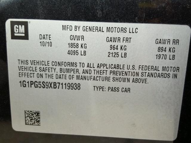 1G1PG5S9XB7119938 - 2011 CHEVROLET CRUZE LT GRAY photo 10