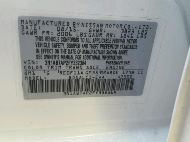 3N1AB7AP2FY332364 - 2015 NISSAN SENTRA S WHITE photo 10