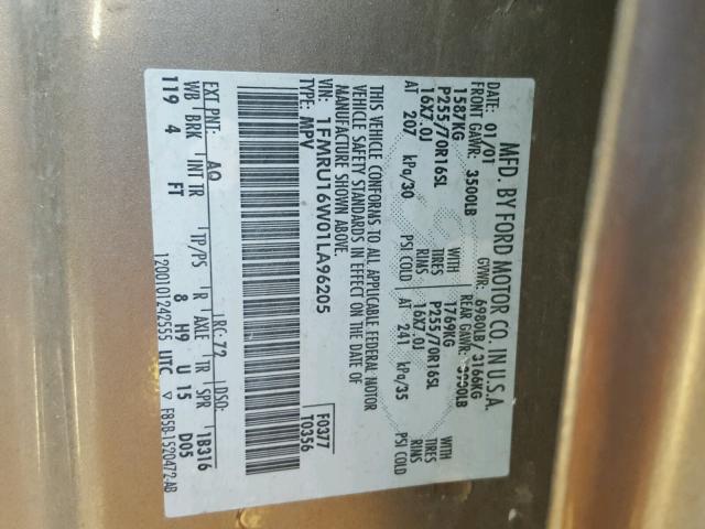 1FMRU16W01LA96205 - 2001 FORD EXPEDITION GOLD photo 10