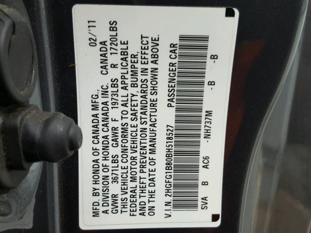 2HGFG1B80BH518527 - 2011 HONDA CIVIC EX GRAY photo 10