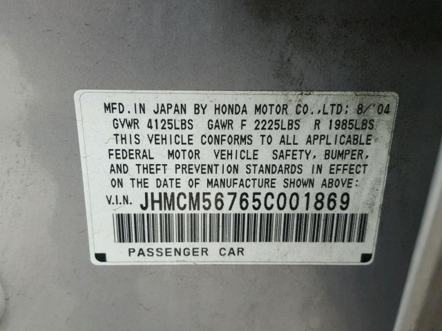 JHMCM56765C001869 - 2005 HONDA ACCORD EX SILVER photo 10