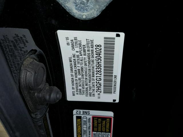 2HGFG12836H504028 - 2006 HONDA CIVIC EX Սև լուսանկար 10