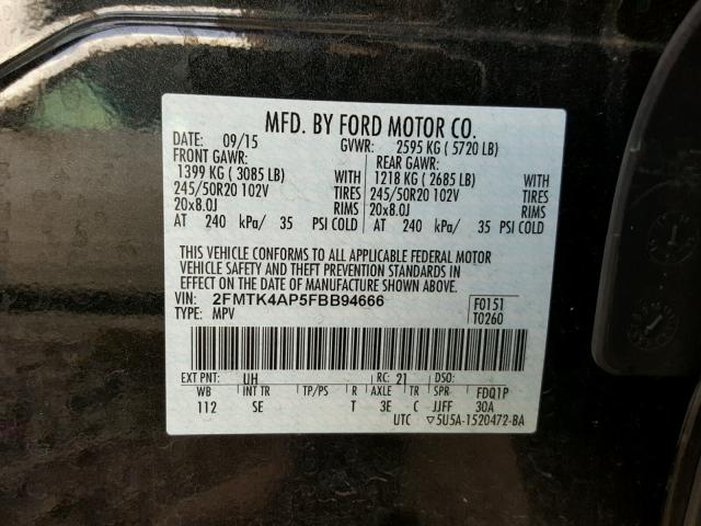 2FMTK4AP5FBB94666 - 2015 FORD EDGE SPORT BLACK photo 10