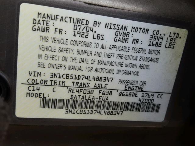 3N1CB51D74L488347 - 2004 NISSAN SENTRA 1.8 GRAY photo 10