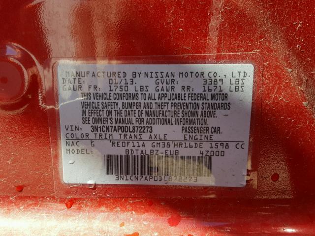 3N1CN7AP0DL872273 - 2013 NISSAN VERSA RED photo 10