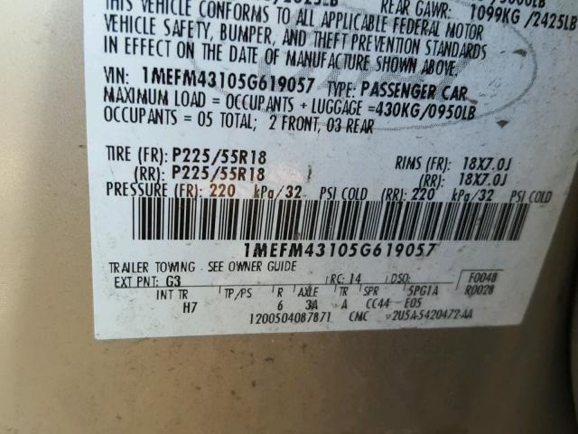 1MEFM43105G619057 - 2005 MERCURY MONTEGO PR 米色 照片 10