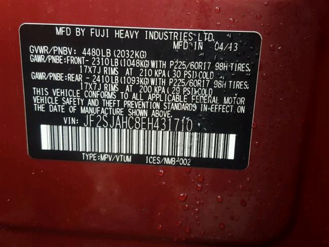 JF2SJAHC8EH431710 - 2014 SUBARU FORESTER 2 RED photo 10