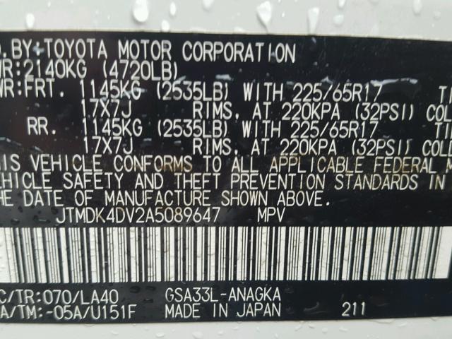 JTMDK4DV2A5089647 - 2010 TOYOTA RAV4 WHITE photo 10