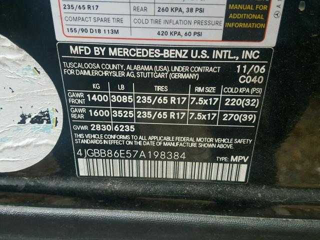 4JGBB86E57A198384 - 2007 MERCEDES-BENZ ML 350 BLACK photo 10