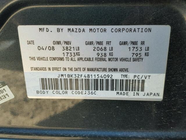 JM1BK32F481154092 - 2008 MAZDA 3 I GRAY photo 10