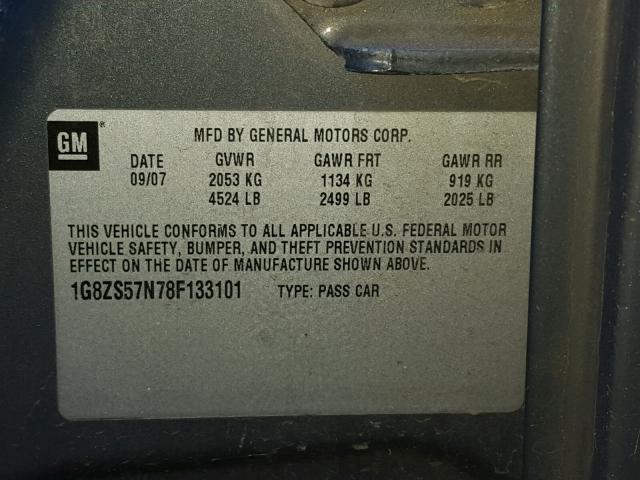 1G8ZS57N78F133101 - 2008 SATURN AURA GRAY photo 10