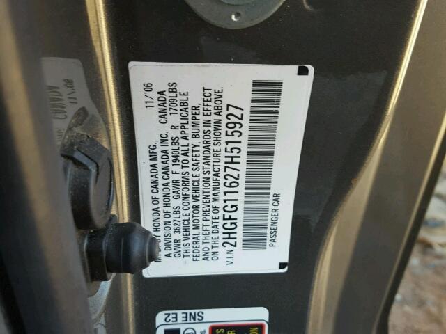 2HGFG11627H515927 - 2007 HONDA CIVIC CHARCOAL photo 10