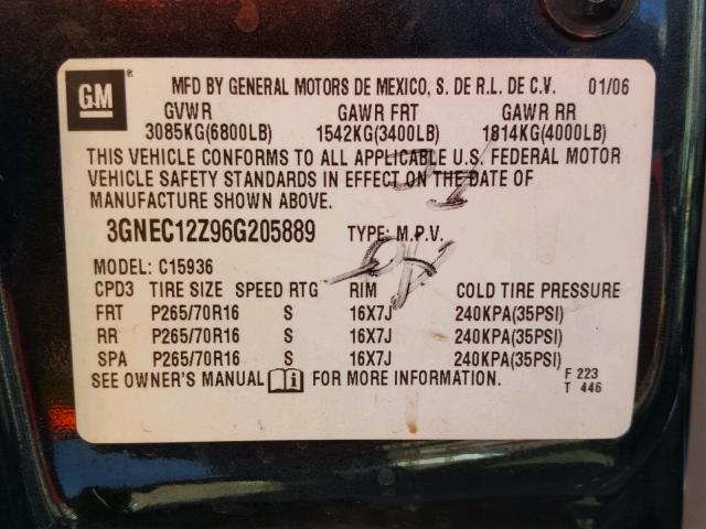 3GNEC12Z96G205889 - 2006 CHEVROLET AVALANCHE CHARCOAL photo 10