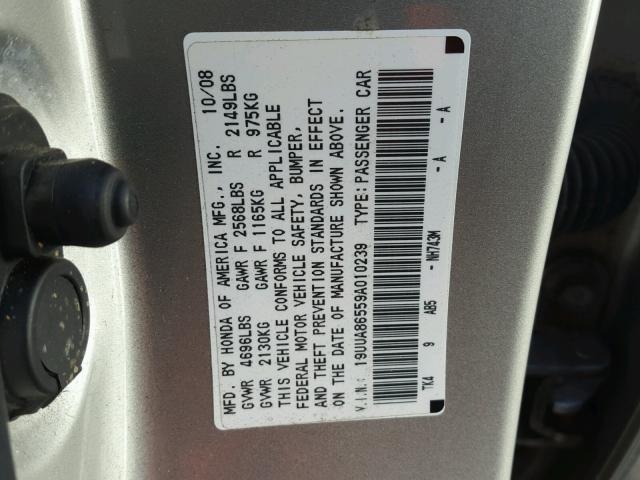 19UUA86559A010239 - 2009 ACURA TL SILVER photo 10