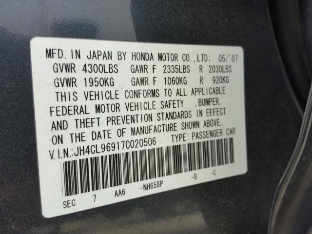 JH4CL96917C020506 - 2007 ACURA TSX GRAY photo 10