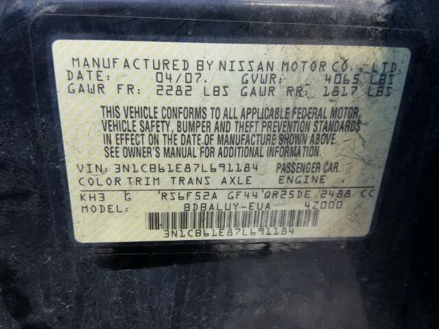 3N1CB61E87L691184 - 2007 NISSAN SENTRA SE- BLACK photo 10