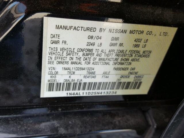 1N4AL11D25N413234 - 2005 NISSAN ALTIMA BLACK photo 10