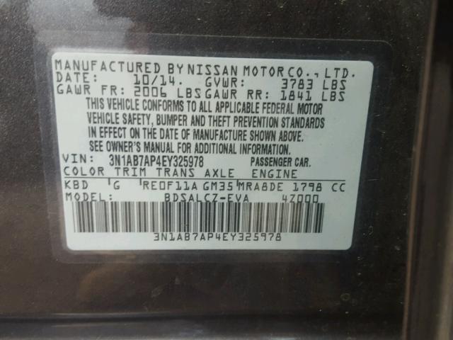 3N1AB7AP4EY325978 - 2014 NISSAN SENTRA S GRAY photo 10