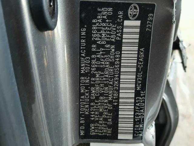 4T1BF32K94U569480 - 2004 TOYOTA CAMRY CHARCOAL photo 10