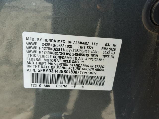 5FRYD3H43GB018387 - 2016 ACURA MDX TECHNO CHARCOAL photo 10