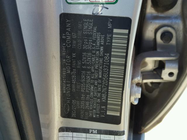 KM8JN72D56U371084 - 2006 HYUNDAI TUCSON SILVER photo 10