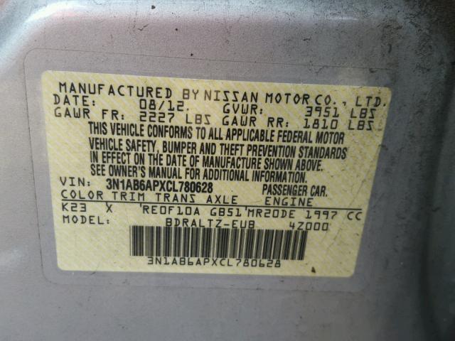 3N1AB6APXCL780628 - 2012 NISSAN SENTRA 2.0 SILVER photo 10