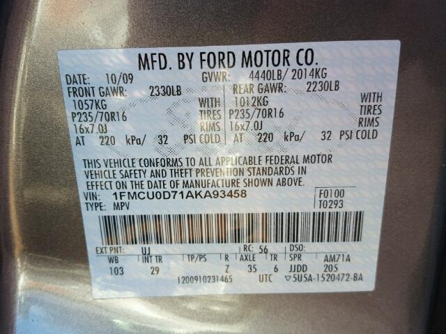 1FMCU0D71AKA93458 - 2010 FORD ESCAPE XLT GRAY photo 10