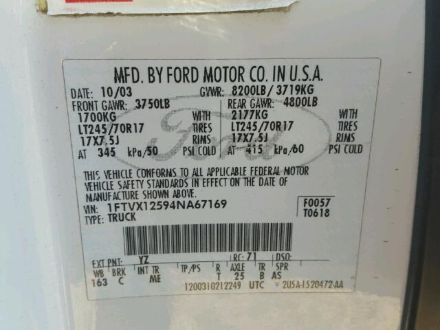 1FTVX12594NA67169 - 2004 FORD F150 WHITE photo 10