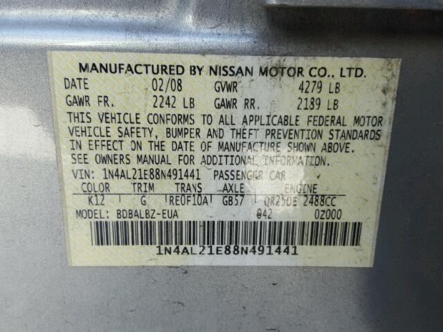 1N4AL21E88N491441 - 2008 NISSAN ALTIMA 2.5 SILVER photo 10